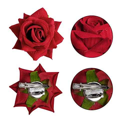 8 Pcs Rose Hair Clip Flower Hairpin Floral Clips, 2.75" Rose Flowers Mexican Hair Flowers Pin up Headpieces for Woman Girl Halloween Wedding Party Valentine Mother's Day Gift (Red)