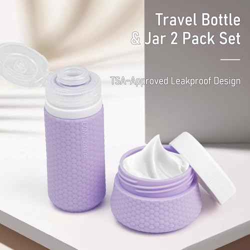 2 oz Travel Bottle Silicone Small Liquid Travel Containers 2 Pack Leak Proof TSA Approved Bottles On The Go Size Traveling Kit for Toiletries Shampoo Body Wash Skincare Lotion Women - Leather Purple