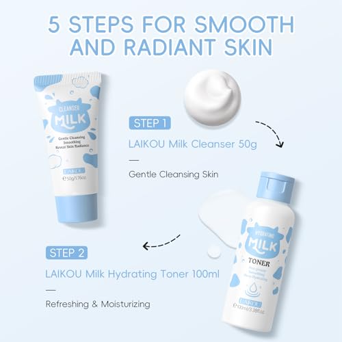 LAIKOU Skin Care Set, Skin Care Routine Kit for Women, Skincare Gift Set, Travel Size Toiletries with Milk Cleanser, Toner, Serum, Eye Cream, Face Cream Mother's Day Christmas Birthday Daughter Wife
