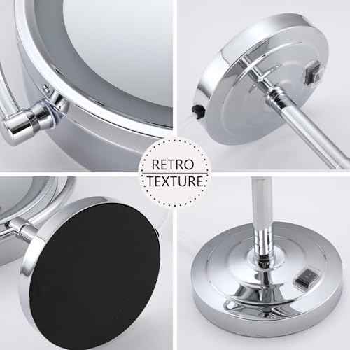 Cavoli 8.5 inch LED Makeup Mirror with 10X Magnification,has Three Colors Lights,Extendable Bathroom Mirror,Tabletop Two-Sided, Antique Brass Finish(8.5in,10X) (Chrome, 10x Magnification)