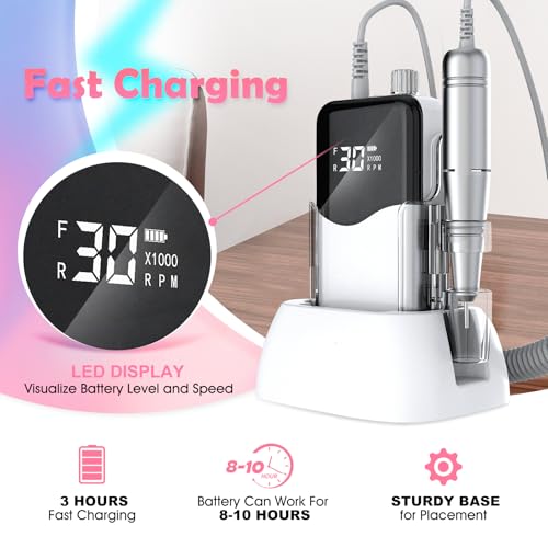 CIVPOWER Nail Drill, Portable Rechargeable Tool Kit with 35000RPM Electric Nail File and LED Display for Manicure, Pedicure, Salon, Home, DIY (White)