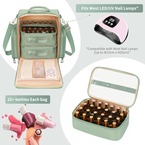 OCHEAL Nail Polish Organizer, Holds Nail Lamp and 75+ Bottles, Nail Organizers and Storage Holder Case with 3 Individual Bags Fit Manicure Tools Manicurist Travel Carrying kit -Green