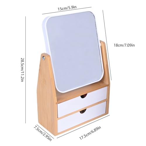 1x / 5X Magnifying Makeup Mirror, Jewelry and Cosmetics Storage Box with Double Drawers, Adjustable Natural Bamboo Stand, 360¡Æ rotatable Vertical Desktop Mirror (1, Rectangle)