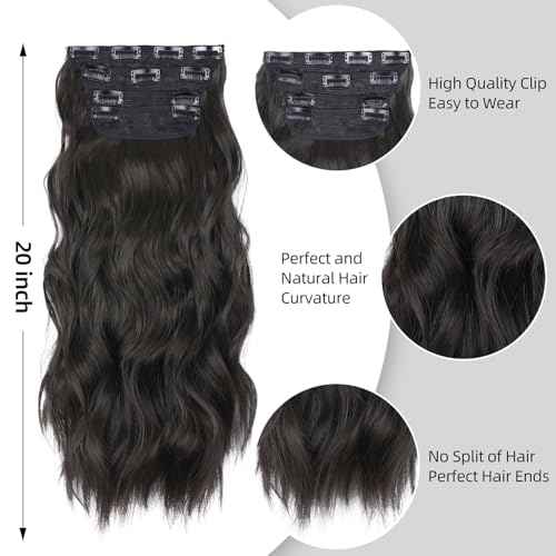 Black Hair Extensions, 20 Inches Soft Synthetic Curly Hair Extensions Clip ins (Color: Black)