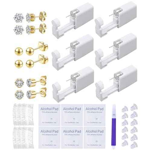 Ear Piercing Kit Disposable Ear Piercing Gun Kit with Sterile Multi-sized CZ Earring Studs Easy and Safe Earring Self Piercing Kit for Your Own Use at Home