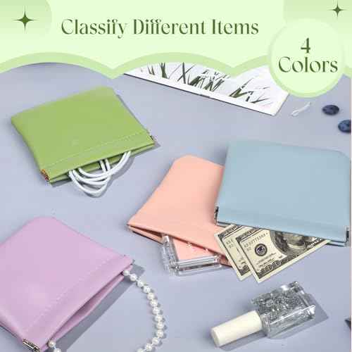 ISKYBOB Pouchic - Personalized Snap Closure Leather Organizer Pouch, 4Pcs Lambskin Pocket Cosmetic Bag Portable Self-Closing Small Makeup Bag for Purse Women Mini Travel Coin Storage Pouches (Macaron)