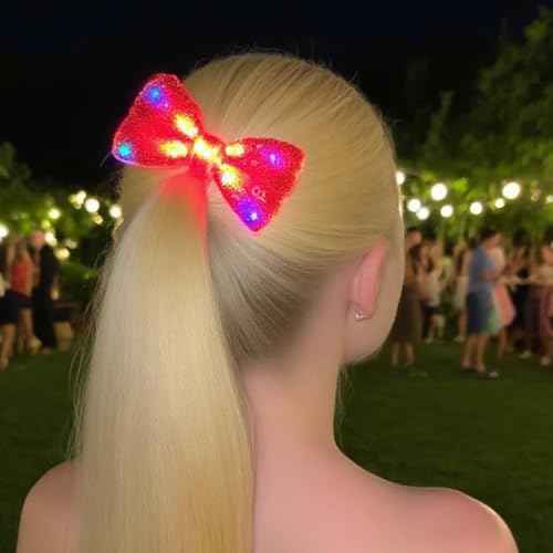 Campsis Light Up Hair Bow Clip, Red Sparkly Sequin Bowknot Hair Piece, Carnival Festival Costume Hair Accessories for Women(Red)