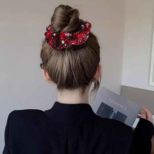 Christmas Hair Scrunchies Snowflake Hair Bands Soft Elastic Scrunchy Ponytail Holder Hair Ties Red Green Snow Flake Plaid Design Hair Scrunchy for Women Girls Silk Hair Ropes Festival Party Supplies