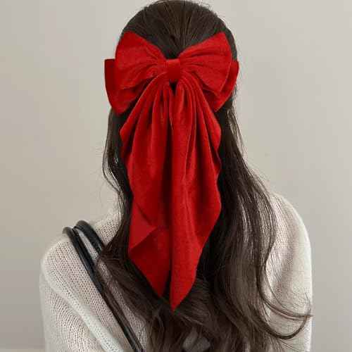 2Pcs Red Large Velvet Hair Ribbons Hair Bows Barrettes Clip with Long-Tail for Women Girls Oversized Aesthetic Christmas Valentines New Year Party Hair Styling Accessories Gift