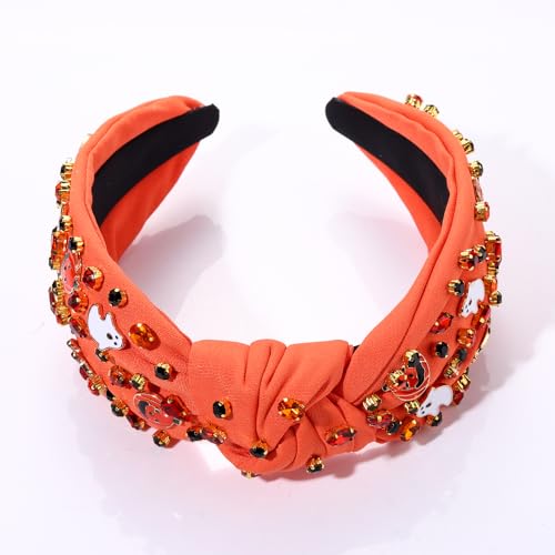 Halloween Headband for Women Spooky Pumpkin Spider Ghost Headband Jeweled Rhinestone Crystal Knotted Headbands Embellished Wide Top Knot Headbands Halloween Hair Accessories Gifts (Ghost&Pumpkin)