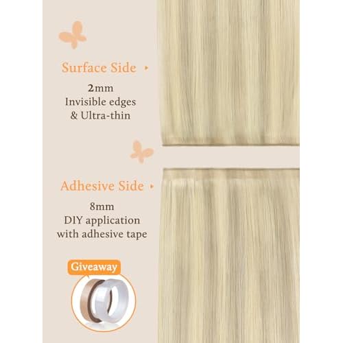 DOORES Genius Seamless Weft Hair Extensions Human Hair, Ash Blonde Highlighted Platinum Blonde 20 Inch 60g, Invisible Tape in Weft Extensions Long Wide