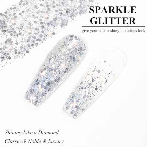 NovaCharm Glitter Nail Polish - Silver Nail Varnish Glitter - Diamond Flash Clear Nail Gel - Quick Dry Nail Polish Air Dry - Long Lasting Fingernail Polish Sparkle For Women Manicure DIY