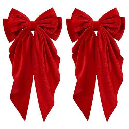 2Pcs Red Large Velvet Hair Ribbons Hair Bows Barrettes Clip with Long-Tail for Women Girls Oversized Aesthetic Christmas Valentines New Year Party Hair Styling Accessories Gift
