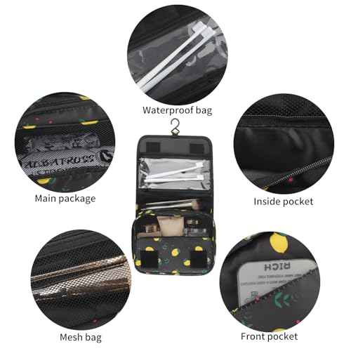 Foldable Hanging Travel Toiletry Bag,Waterproof Portable Travel Bags, Multifunction Travel Makeup Cosmetic Bag Organizer with Hanging Hook (Black Lemon)