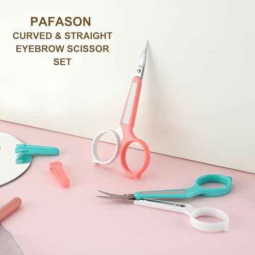PAFASON High Precision Eyebrow Grooming Scissor Set, Beauty Makeup Cosmetic Tool, Curved, Straight Tip, Stainless Steel, Safety Case for Trimming Eyelash Extensions