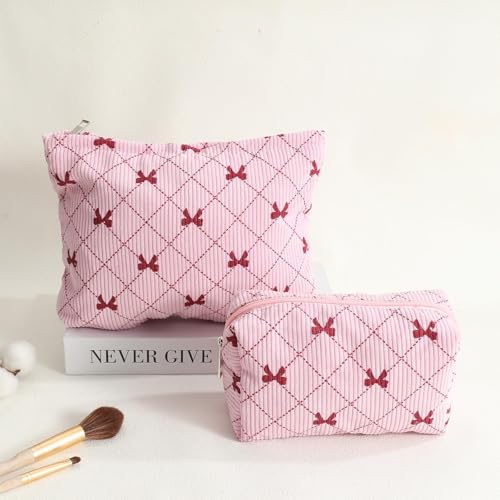 LYDZTION 2PCS Cute Corduroy Makeup Bag Set for Women, Small Travel Toiletry Bag, Coquette Cosmetic Pouch With Bow, Portable Versatile Zipper Pouch - Pink