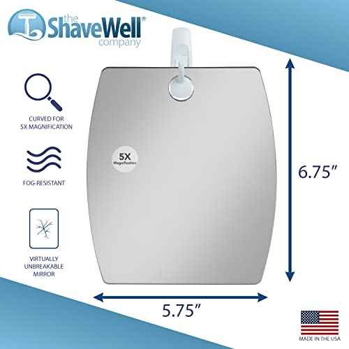 Shave Well Magnifying Anti-Fog Hanging Shower Mirror for Shaving | Curved Design for 5X Magnification | Light and Virtually Unbreakable | Includes Long-Lasting Removable Adhesive Hook