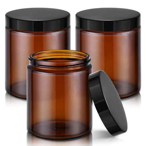 8oz Amber Glass Jars with Lids, 3 Pack Candle Jars with Blank Labels, 250g Wide Mouth | Lotion Container for Sample, Cream, Lotion, Honey, Powder, Jelly | Home & Beauty
