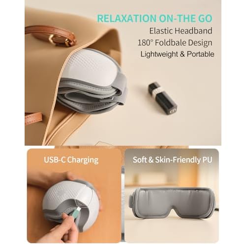 SKG Eye Massager with Heat & Music, Foldable Eye Mask for Migraine & Strain, 5 Massage Modes, Perfect Relaxation Birthday Gifts for Dad, Mom, Men, Women