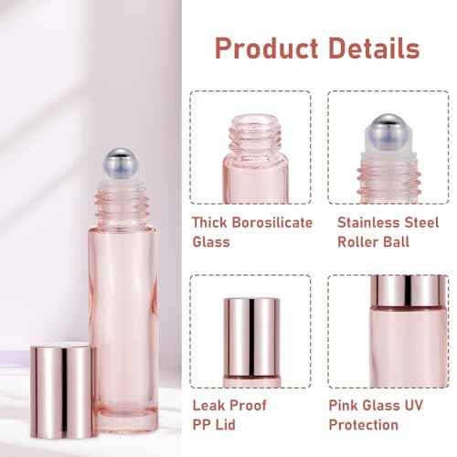 8 Pack 10mL(1/3 oz) Glass Roller Bottles for Essential Oils & Perfume, Rose Gold Roll On Vials with 2 Funnels, Travel Refillable Leak Proof Rollerball Applicator, DIY Craft Pretty Containers