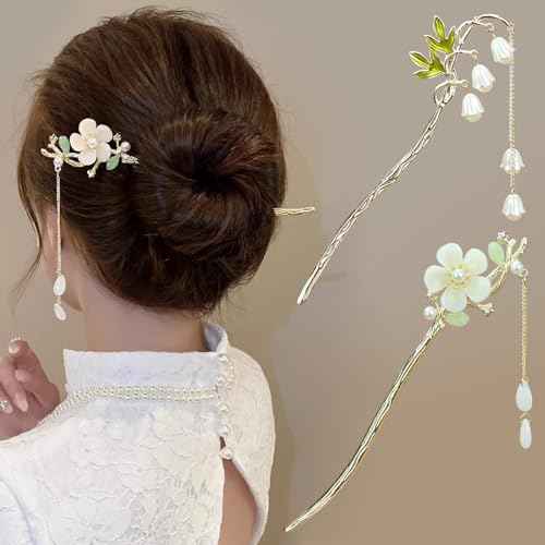 2Packs Lily of the Valley Chinese Hair Sticks for Buns, Pearl Flower Vintage Metal Hair Chopsticks for Women and Girls Dangle Tassel Pendant Hair Accessories Hanfu Handmade Decor Hairpin (white)