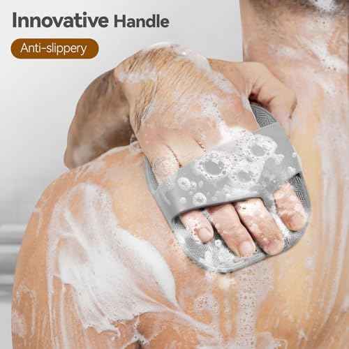 Zinc Infused Silicone Body Scrubber for Men, New Upgrade Deep Exfoliating Body Scrubber for Shower, Silicone Loofah Men for Sensitive Skin with Lathering Bristles and Ergonomic Non-Slip Handle (Gray)