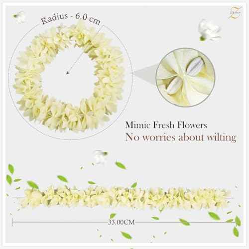 ZAINY 6 Pack White Mogra Artificial Gajra for Hair Indian Bun Braid, Non Scented Fabric Jasmine Flowers, Veni, Bridal Hair Accessories for Women, Wedding, Reusable Cloth Floral Girl Accessory, 13 inch