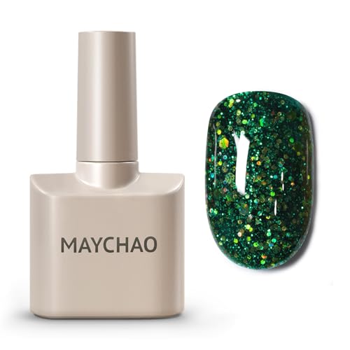 MAYCHAO 15ML Christmas Green Glitter Gel Nail Polish 1Pc Green Glitter Gel Polish Soak Off UV LED Nail Polish Nail Art Starter Manicure Salon DIY at Home, 0.5 OZ