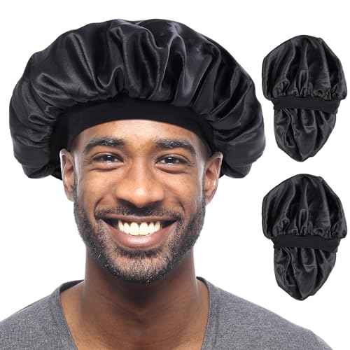 MoHern 2PCS Bonnets for Men, Double Layer Satin Hair Bonnet for Sleeping, Reversible Night Cap, for Curly Hair, Satin Bonnet for Black Men and Women (Black)