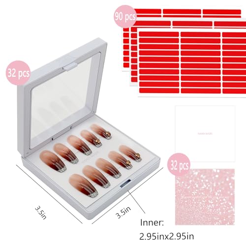 32 Pack Press On Nail Packaging Boxes - 3D Floating Storage and Display Box With 90pcs Double Sided Adhesive Tape for Nail Tech
