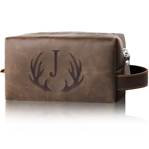 Unique Fathers Day Birthday Gifts Engraved Initial Travel Toiletry Bag for Men Personalized PU Leather Waterproof Shaving Bag for Toiletries Accessories Travel Essentials for Him (J)