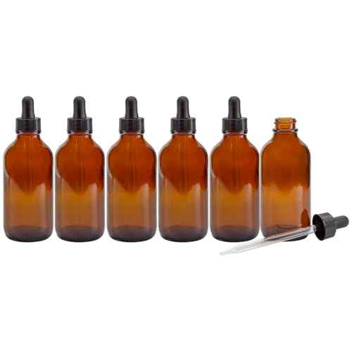 4oz Amber Glass Dropper Bottles (6-Pack), Refillable Glass Bottles for Essential Oils, Cosmetics, and Cooking