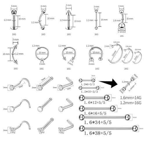 80PCS Nose Piercing Kit: Stainless Steel Body Piercing Jewelry with 12G, 14G, 16G, 20G Needles for Ear, Nose, Lip, Eyebrow