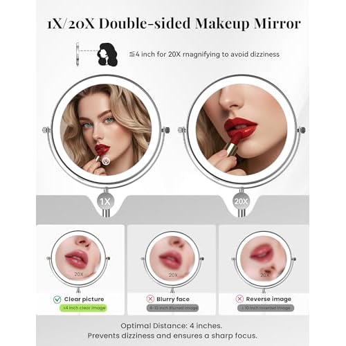 DOWRY 4000 mAh Rechargeable Lighted Makeup Mirror 20x Magnification Vanity Mirror Tabletop Two-Sided Swivel Gifts Women Chrome