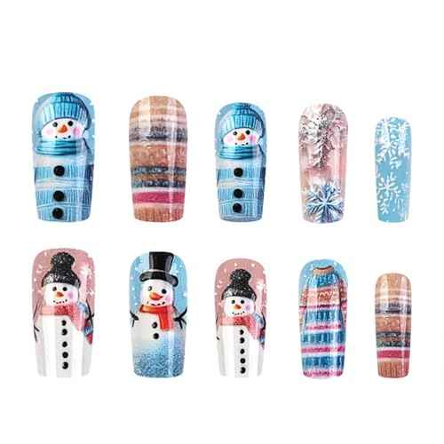 Christmas Press on Nails Medium Square Blue Fake Nails with Snowman Snowflake Designs Cute Winter Nails Press ons Gel Acrylic Glue on Nails Medium Length Holiday Stick on Nails for Women Girls 24Pcs