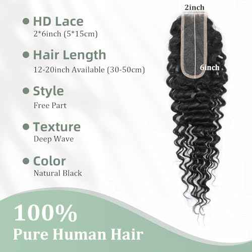 2x6 HD Lace Closure Loose Deep Wave Human Hair 16 Inch - 0.10mm Ultra-thin Invisible Burmese Curly 2 by 6 Closure, 100% Pre Plucked Brazilian Raw Virgin Hair Skinlike HD Lace Closure Wet and Wavy