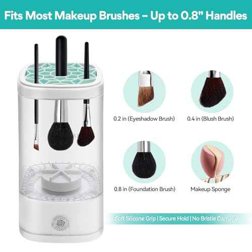 Efficient Electric Makeup Brush Cleaner Machine? 8000 RPM Automatic Cleaner with Multi-Size Silicone Holder, Deep Cleans Makeup Brushes and Sponges White