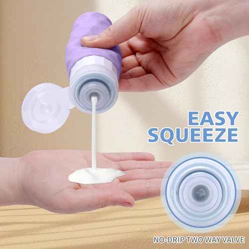 Travel Bottles for Toiletries, 4pcs Tsa Approved 3oz Travel Size Containers, BPA Free Leak Proof Premium Silicone Bottles, Refillable Liquid Squeezable Accessories W/Toiletry Bag(Purple)