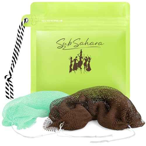 SubSahara African Net Sponge Authentic - 2 Pieces Exfoliating Scrubber for All Skin Types, Ideal for Face & Body Daily Use, Durable, Gentle Exfoliation (Green & Brown)