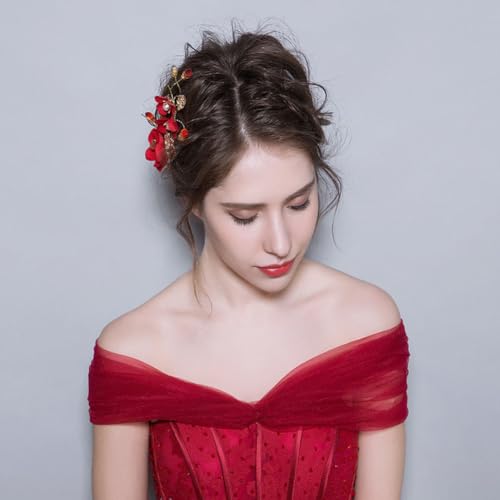 2 Pack Red Flower Hair Clips Rose Floral Bridal Hairpins Crystal Pearl Flower Bride Headpiece Red Wedding Accessories for Women Girls Halloween Chrismas Party Prom