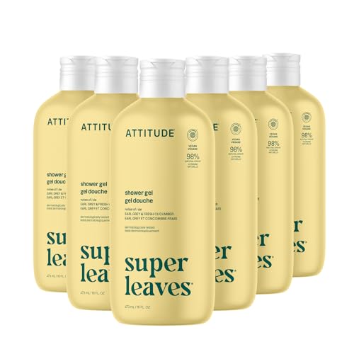 ATTITUDE Body Wash, EWG Verified Shower Gel, Dermatologically Tested, Plant and Mineral-Based, Vegan Personal Care Products, Earl Grey & Fresh Cucumber Scent, 16 Fl Oz (Pack of 6)