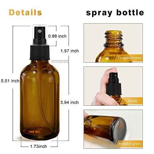 Amber Glass Spray Bottles 4oz,Small Empty Glass Spray Bottle Fine Mist Spray Refillable Containers,Mini Travel Spray Bottles set of 4,Included 6 Sprinkler,2 Funnels,1 Droppers,8 Labels