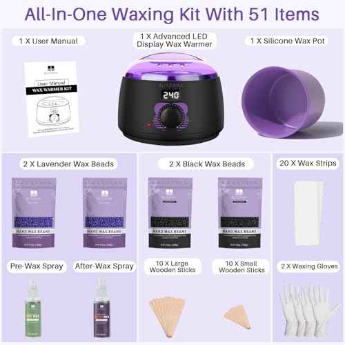 BLITZWAX Brazilian and Bikini Waxing Kit for Women, Hard Wax Warmer for Face, Legs and Body, At Home Hair Removal Kit, Beginner Friendly, Digital Fast Heating, 51 Wax Items