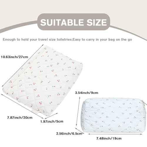 2 Pieces Portable Makeup Bag Travel Small Zipper Cosmetic Bags Organizer for Women Handbag Toiletry Storage Pouch Waterproof Quilting Purse,White Cherry