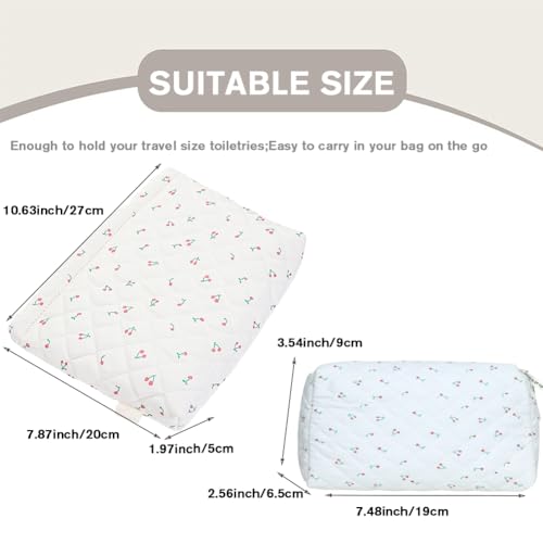 2 Pieces Portable Makeup Bag Travel Small Zipper Cosmetic Bags Organizer for Women Handbag Toiletry Storage Pouch Waterproof Quilting Purse,White Cherry