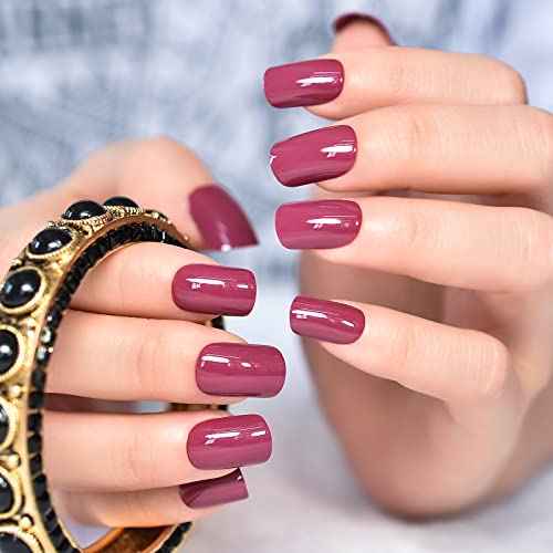 Glossy Finished Dark Rose Pink Press On Nails Medium Length Squoval Women Girls Nail Art Tips Salon DIY Manicure Reusable Fake Nails for Daily Office Home