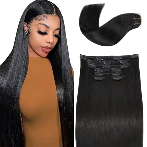 Clip in Hair Extensions Real Human Hair, 100% Brazilian Virgin Real Human Hair 7pcs Per Set with 16Clips Double Weft for Women (20 Inch, 120g, 1B Natural Black)
