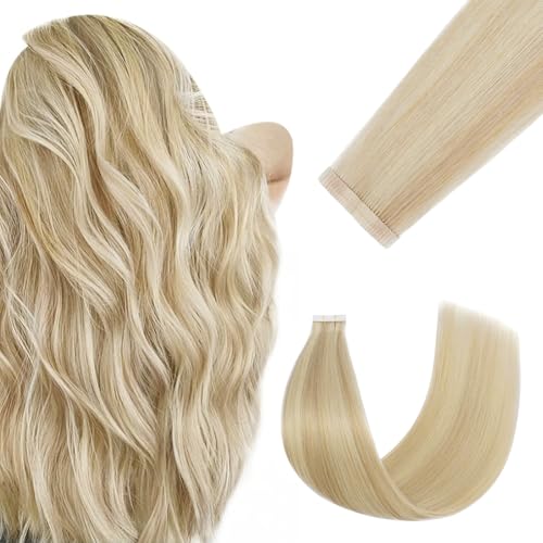 Tape in Hair Extensions Real Human Hair Double Stitched Invisible Seamless 20pcs 50g (Balayage Golden Blonde to Light Blonde, 22 inch)