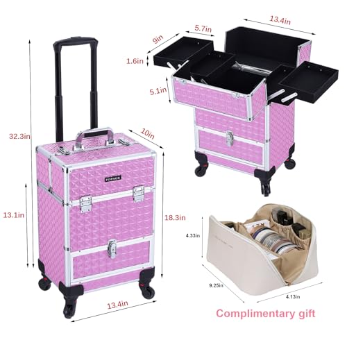 TOPACK Rolling Makeup Train Case,Professional Cosmetology Case on Wheels,Large Cosmetic Organizer Trolley Case,Makeup Travel Case with Draws,Nail Artist Hairstylist Storage Traveling Cart Trunk,Pink