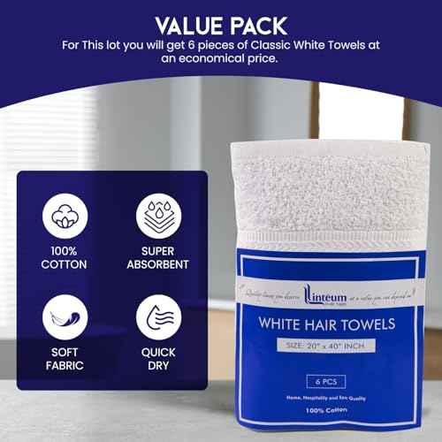 Linteum Textile Supply Premium Hair Drying Towels 100% Ring Spun Cotton Hair Towel for Women, Men, Kids 20x40 inches Quick Dry Salon Towels Hand Towel for Gym, Hair Care, Spa, Home [Pack of 6] White